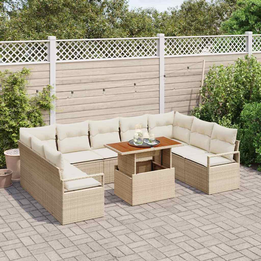 vidaXL 10-delige tuinbankset met kussens in beige poly rattan