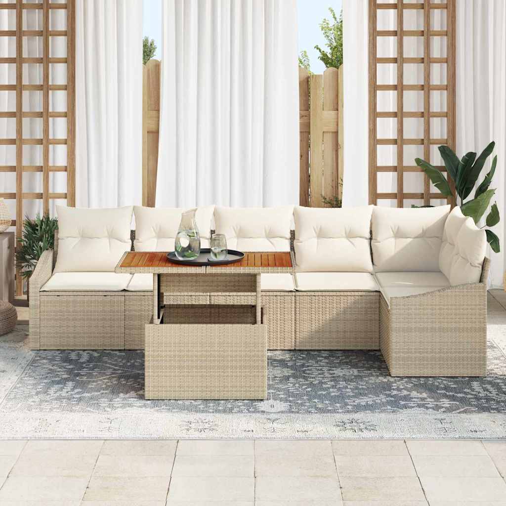 vidaXL 7-delige tuinset met kussens in het beige van poly rattan