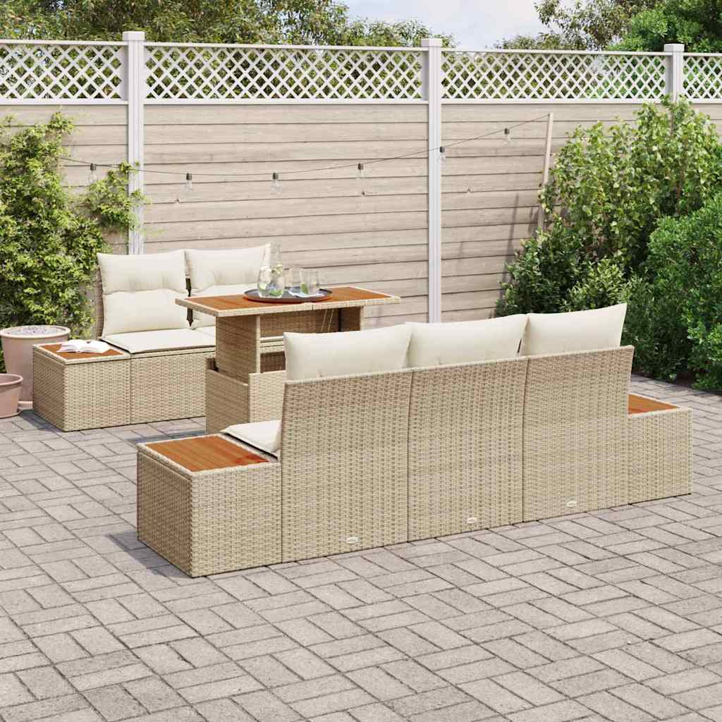 vidaXL 6-delige tuinbankset met kussens in beige poly riet