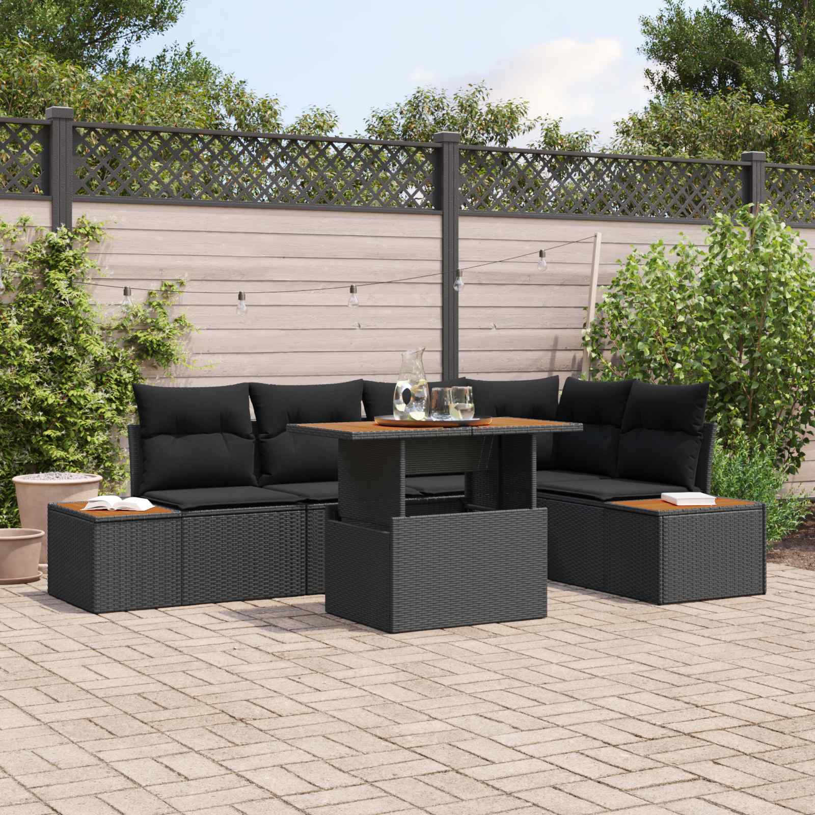 vidaXL Garten-Sofa-Set mit Speicher 6 pcs Schwarz Poly Rattan