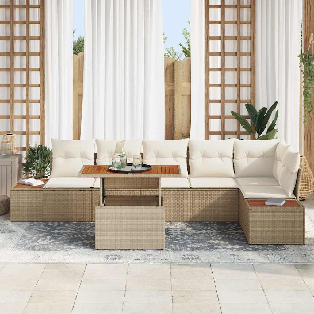 vidaXL 7-delige tuinbankset met kussens in beige van poly riet