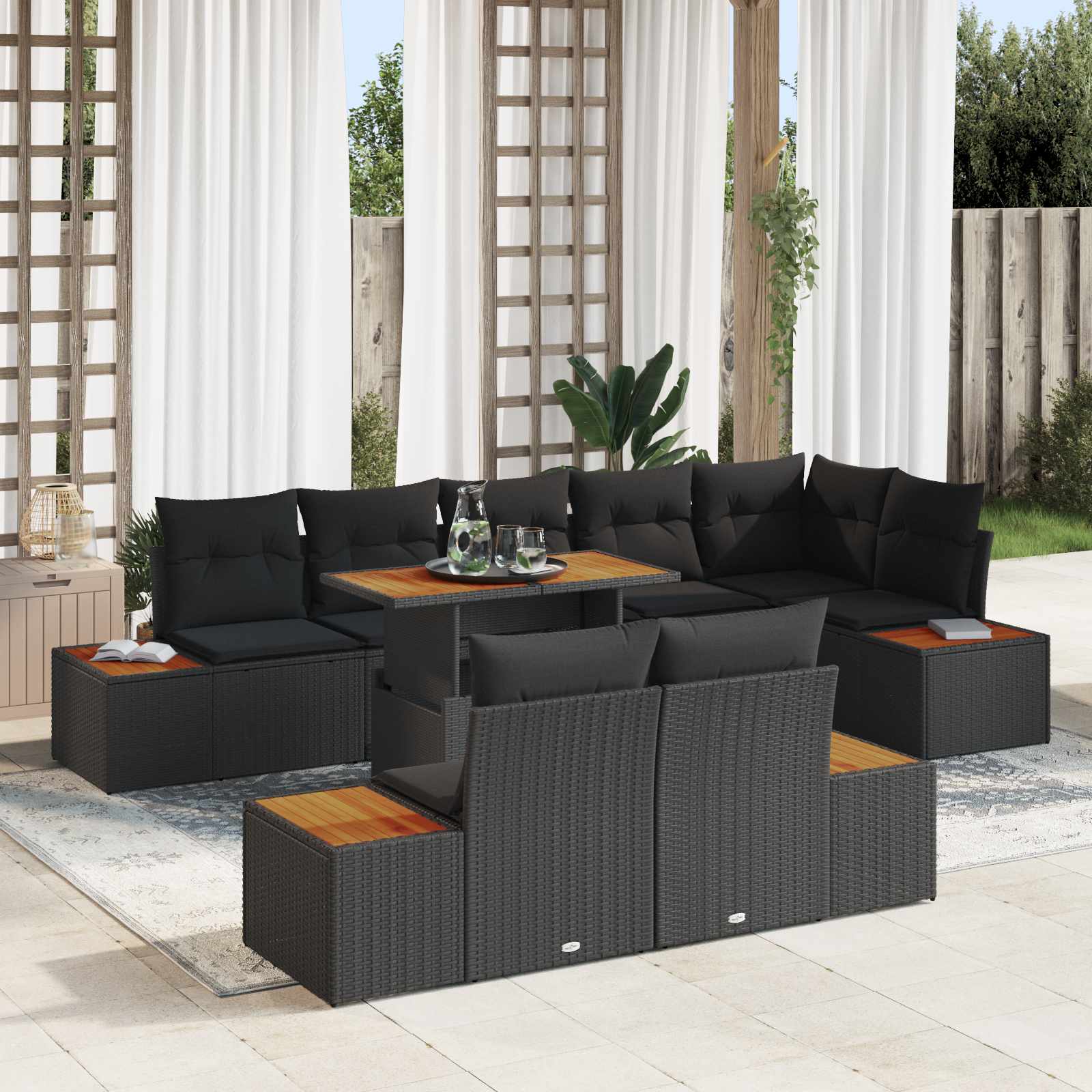 vidaXL Garten-Sofa-Set mit Speicher 9 pcs Schwarz Poly Rattan