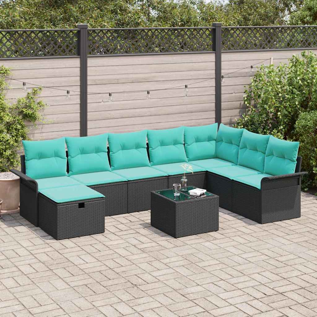 vidaXL Set de canapele pentru grădină 9 pcs Negru și Turcoaz poliratan