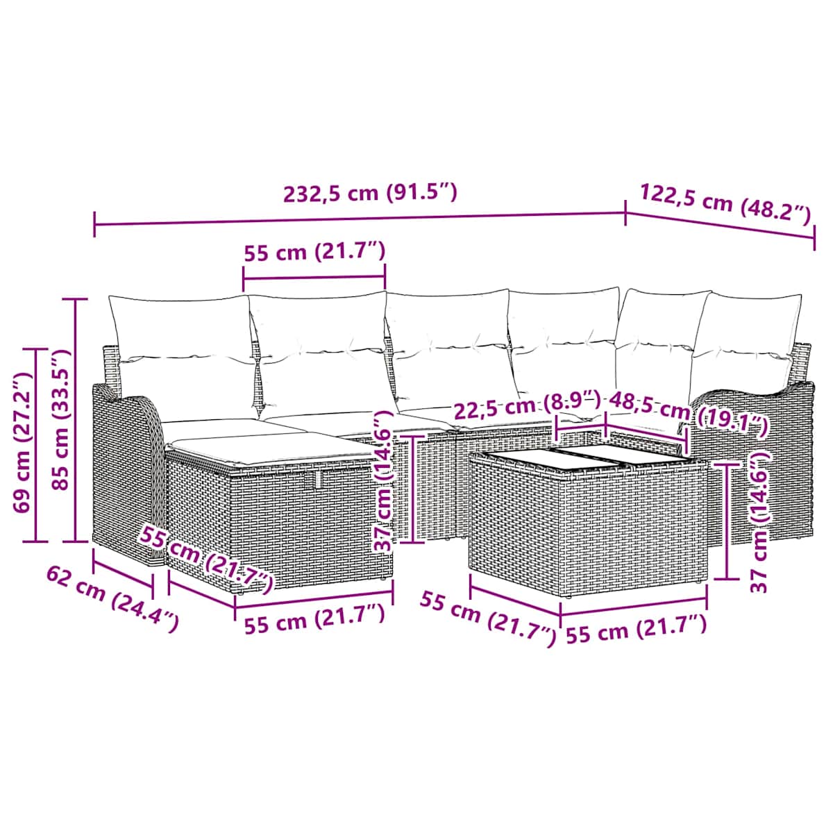 Havesofa Sæt 7 stk. Grå og Marineblå polyrattan - Billede 11
