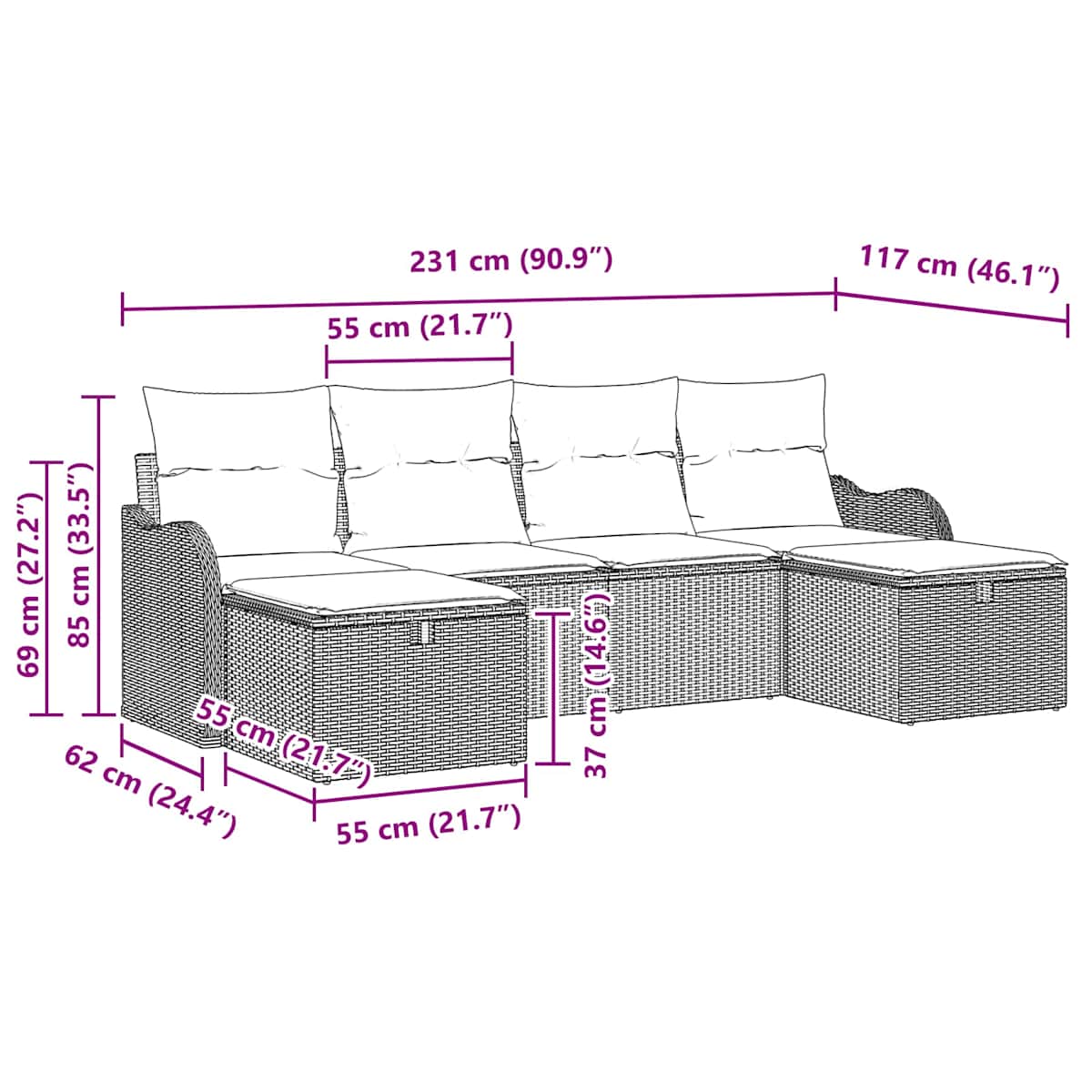 Sofa Sæt 6 stk. 6-Antal sæder Grå og Marineblå polyrattan - Billede 9