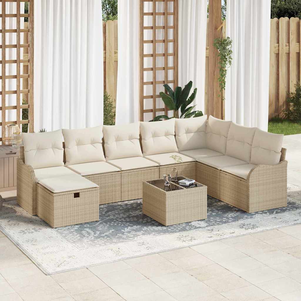 9 Piece Garden Sofa Set с Възглавници Бежов Полиратан, vidaXL 2-местен Градински Диван с Възглавници Бежов Полиратан