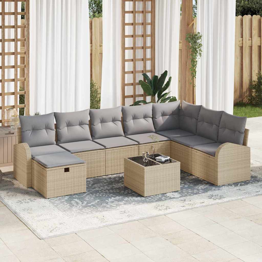 9 Piece Garden Sofa Set with Cushions Beige Poly Rattan