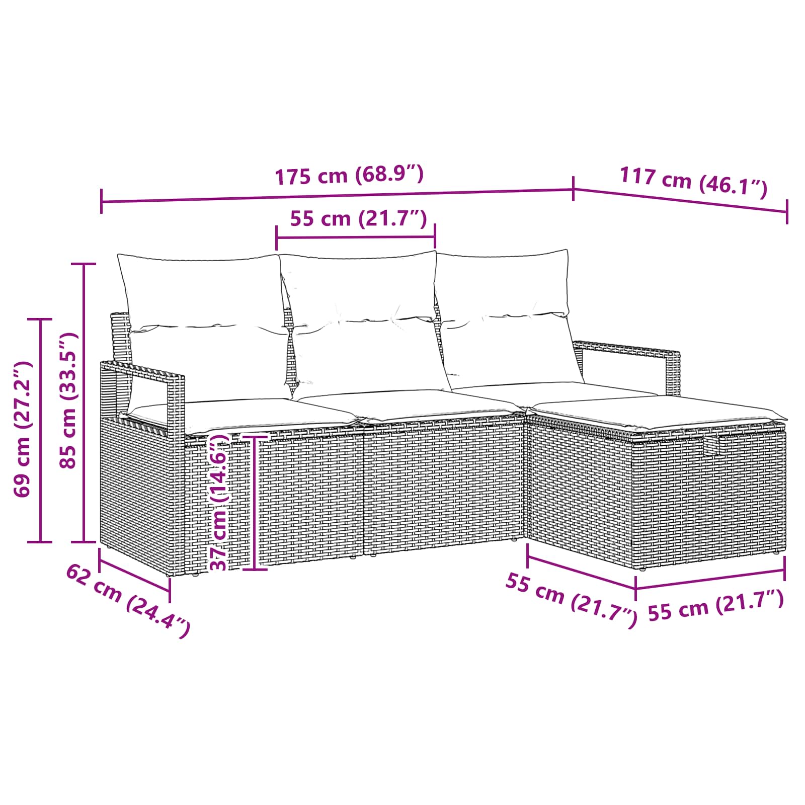Kavčna garnitura 4 pcs Siva in mornarsko modra poli ratan - slika 9
