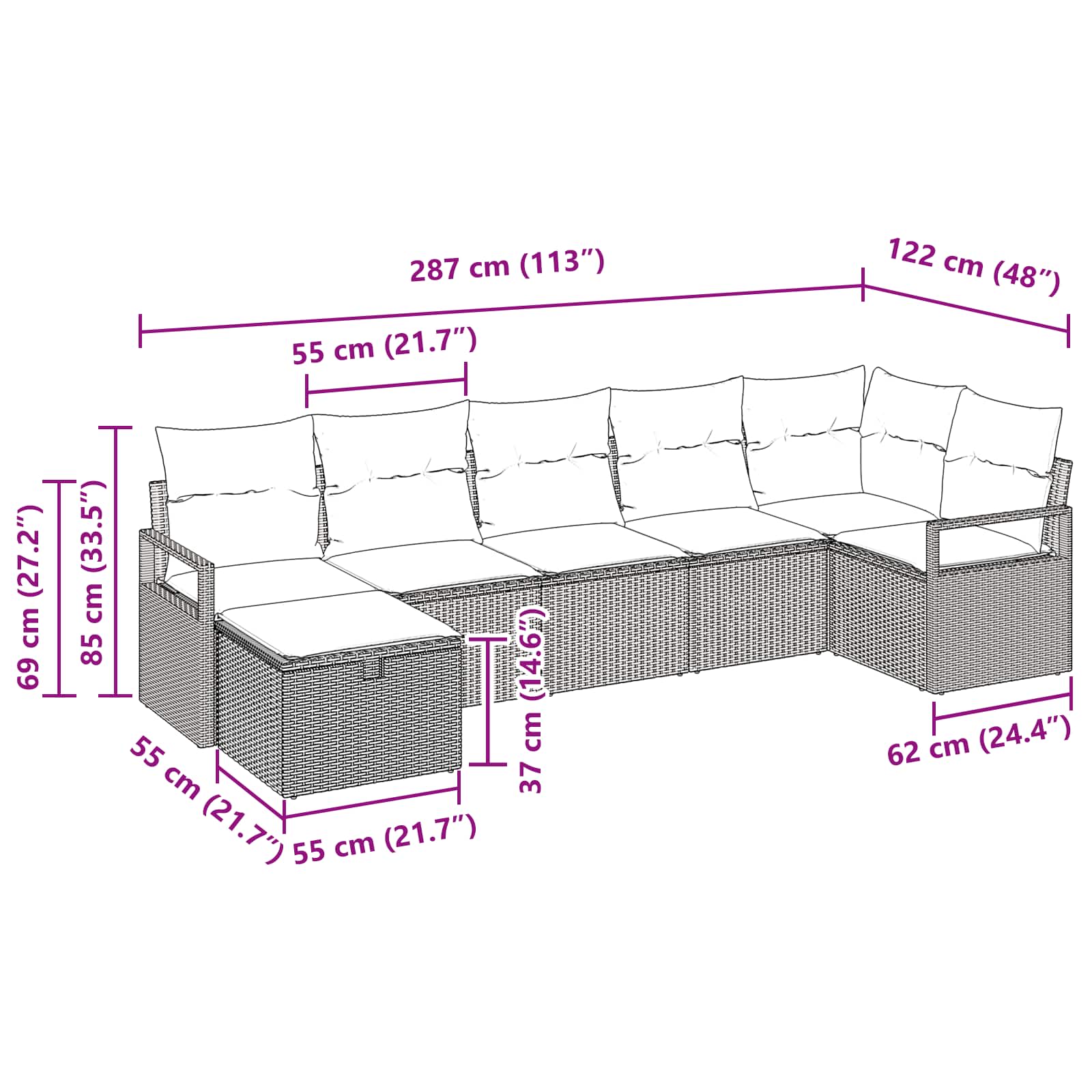 Kavčna garnitura 7 pcs Siva in mornarsko modra poli ratan - slika 10
