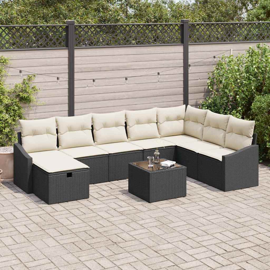 9 Stykke Have Sofa Sæt med Puder Sort Poly Rattan