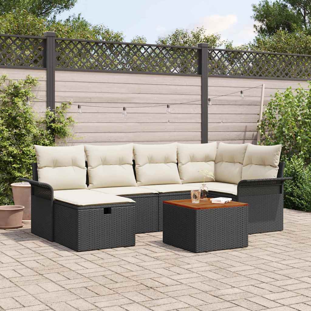 vidaXL 7-teiliges Gartensofa-Set mit Kissen, Schwarz, aus Poly-Rattan
