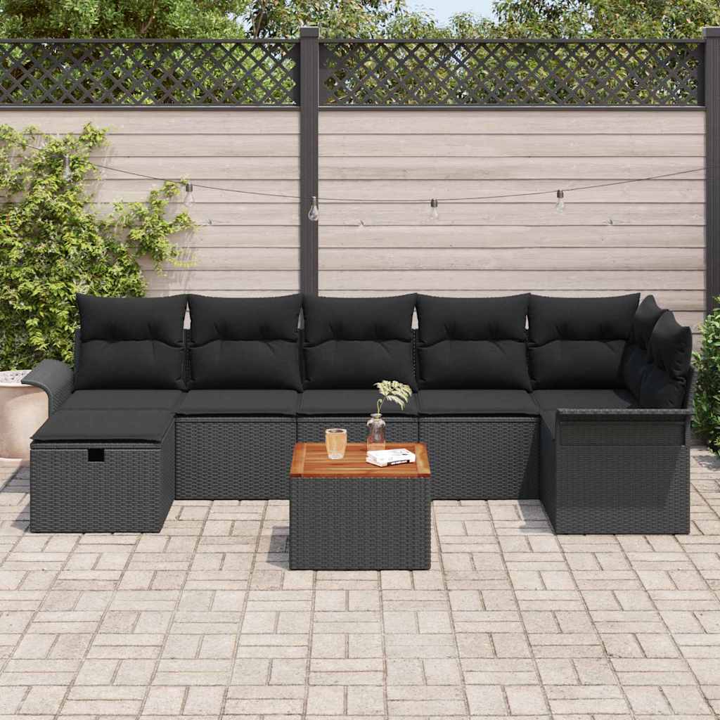 vidaXL 8-delige tuinset met kussens in zwart poly rattan