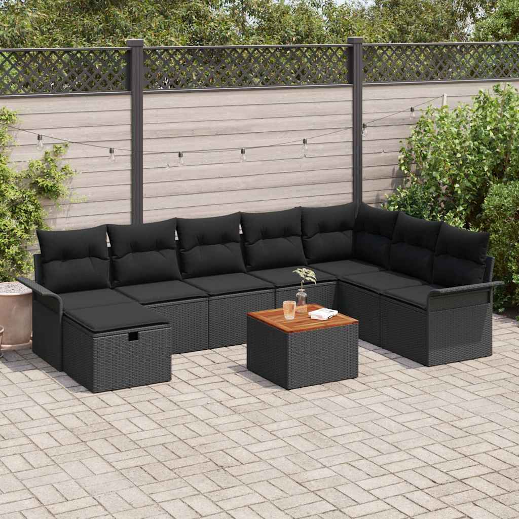 9 Stykker Have Sofa Sæt med Puder Sort Poly Rattan