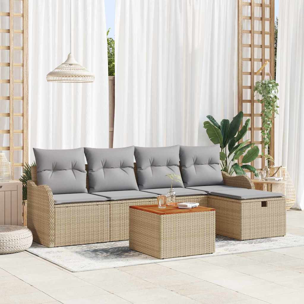 6 Stykker Havesofa Sæt med Puder Beige Poly Rattan, vidaXL 2-Sæders Havesofa med Puder Beige Poly Rattan