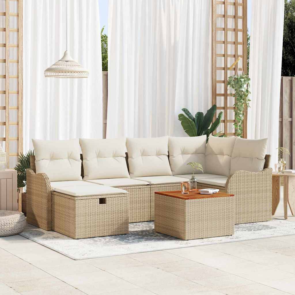 7-teiliges Garten Sofa Set mit Kissen Beiges Poly Rattan