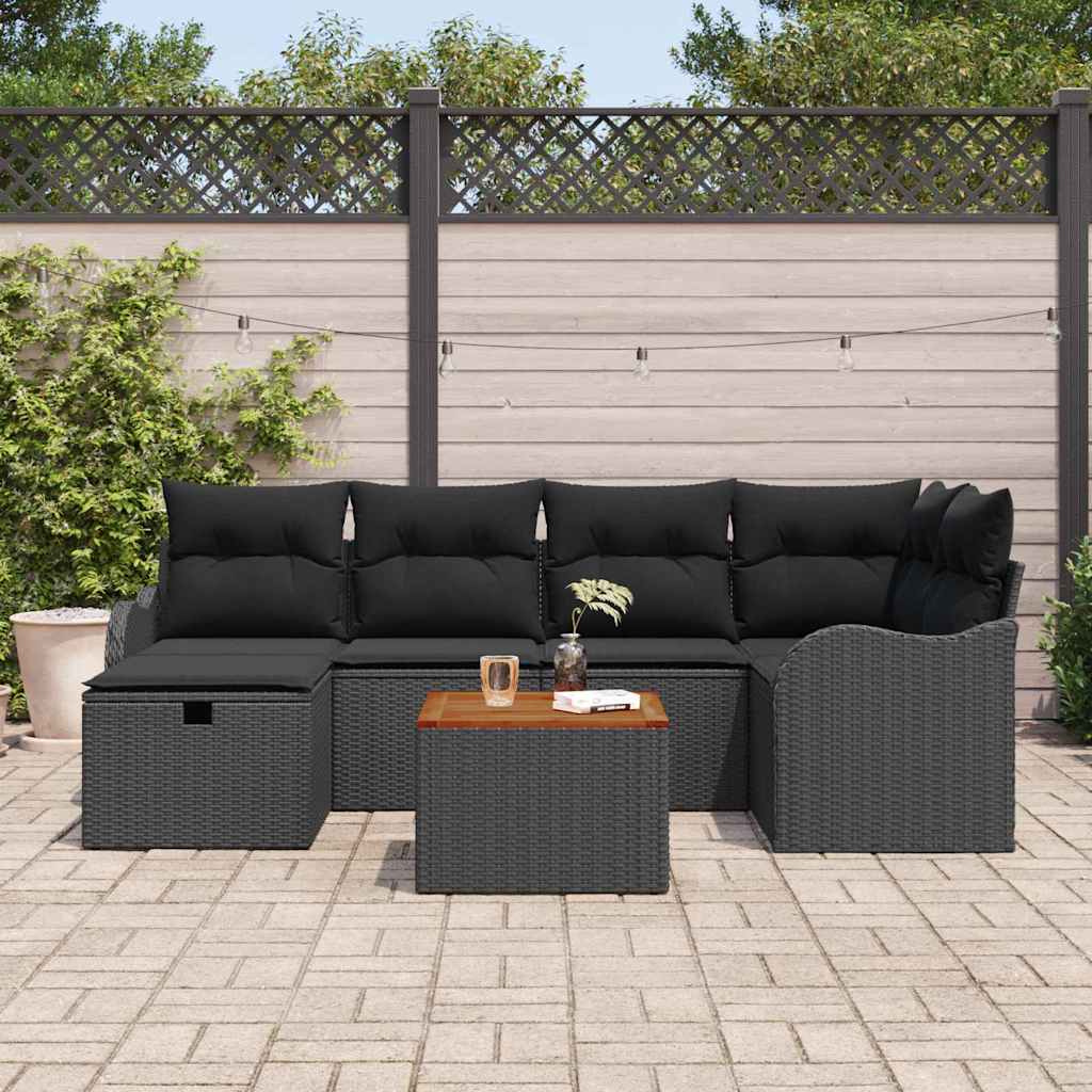 vidaXL 7-delige ligbed set met kussens Zwart Poly Rattan