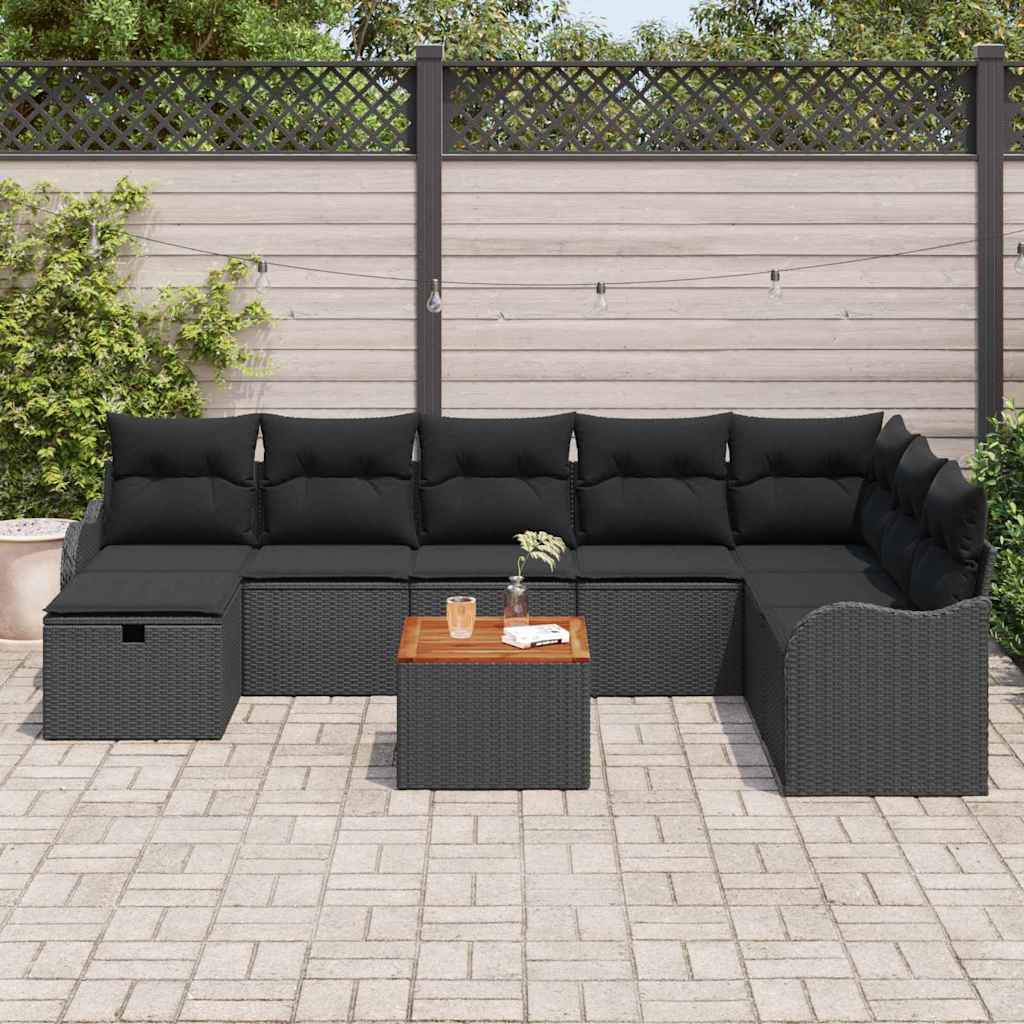 vidaXL 9-delig tuinbankstel met kussens in zwart poly rattan