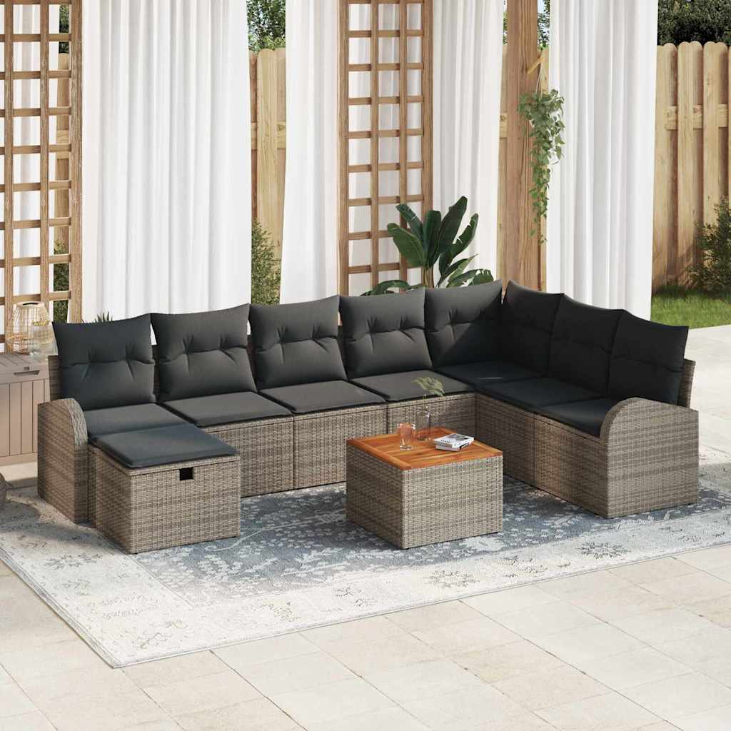 9 Stykke Havesofa Sæt med Puder Grå Poly Rattan