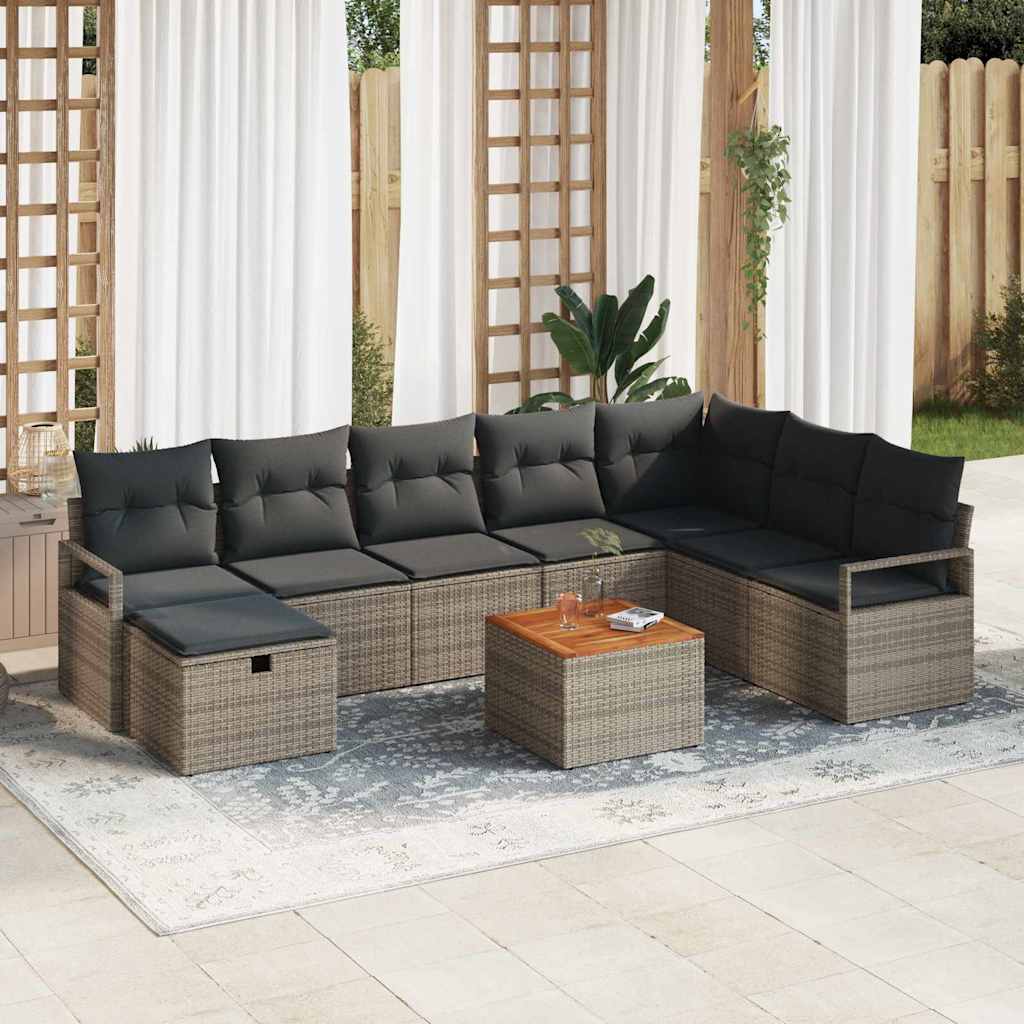 9 Stk Havesofa Sæt med Puder Grå Poly Rattan, vidaXL 2-personers Havesofa med Puder Grå Poly Rattan