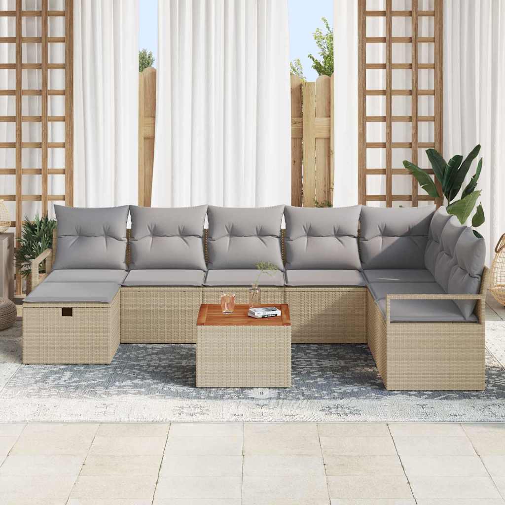 vidaXL 9-delige tuinset met kussens in beige poly rattan