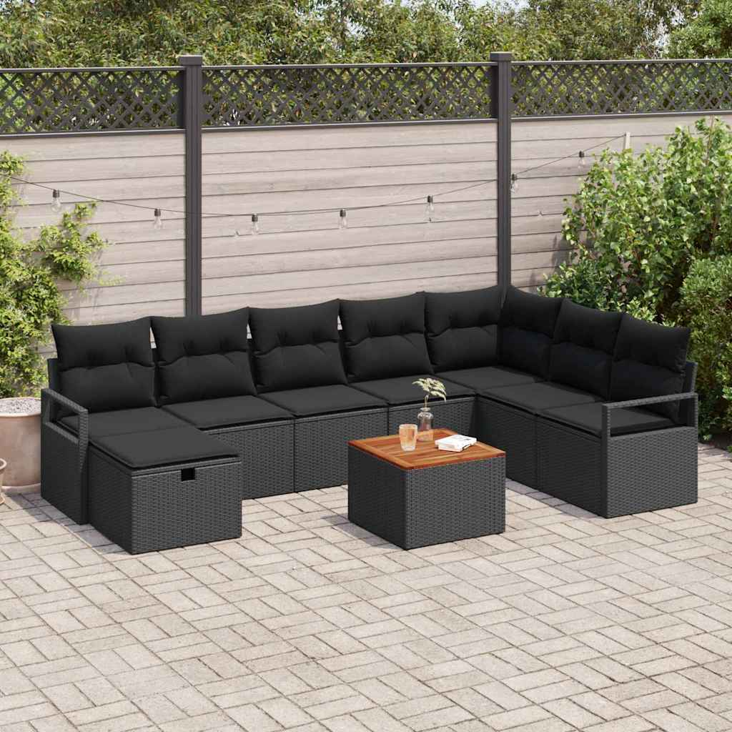 9 Styk Havensofa Sæt med Puder i Sort Poly Rattan, vidaXL 2-personers Havensofa med Puder i Sort Poly Rattan