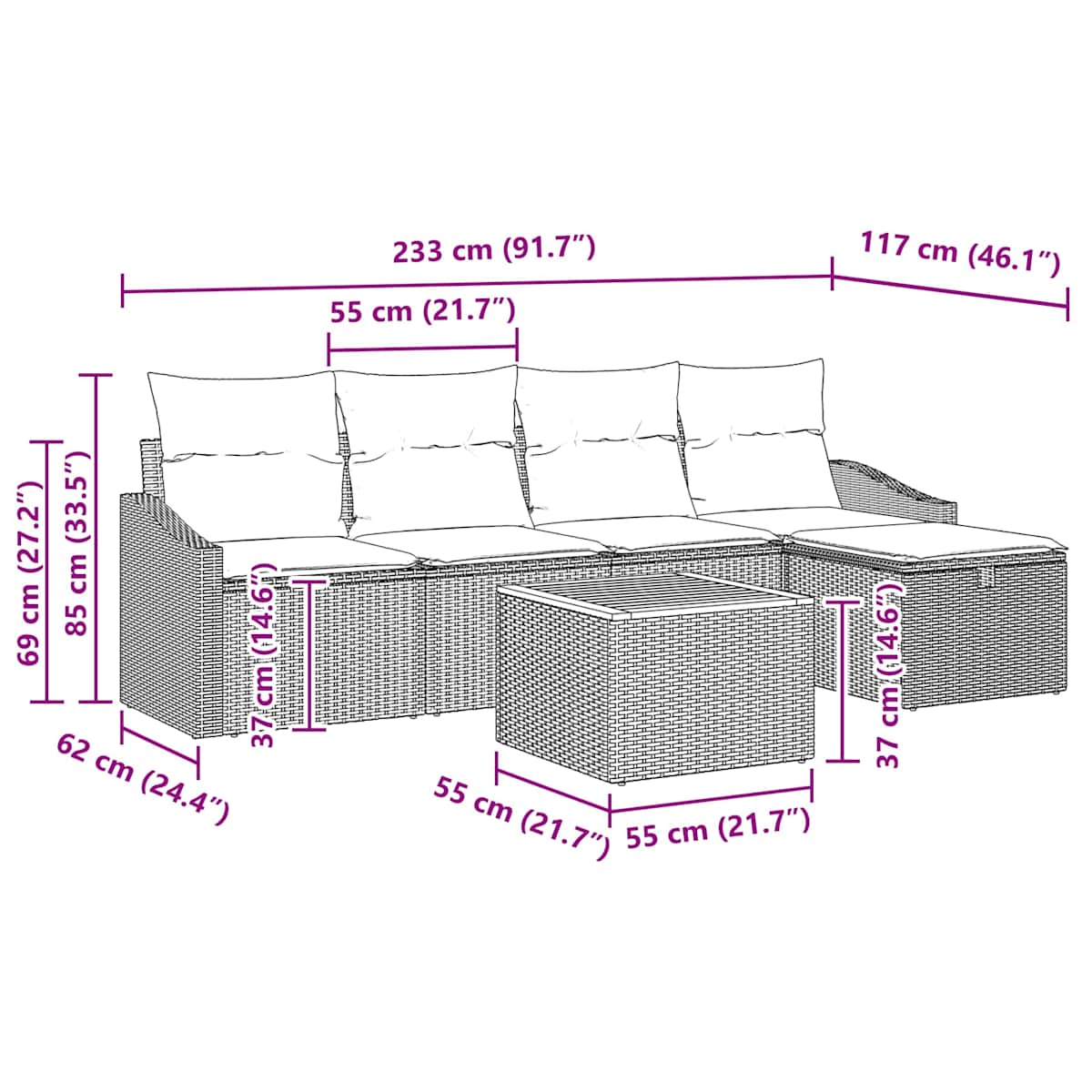 Havesofa Sæt 6 stk. Sort polyrattan - Billede 10
