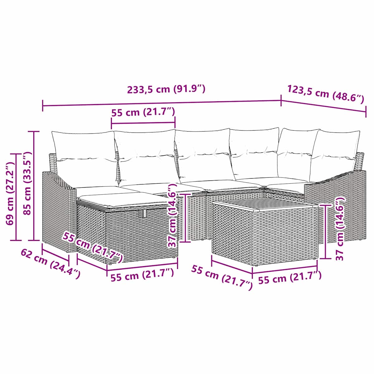 Havesofa Sæt 7 stk. Sort polyrattan - Billede 11