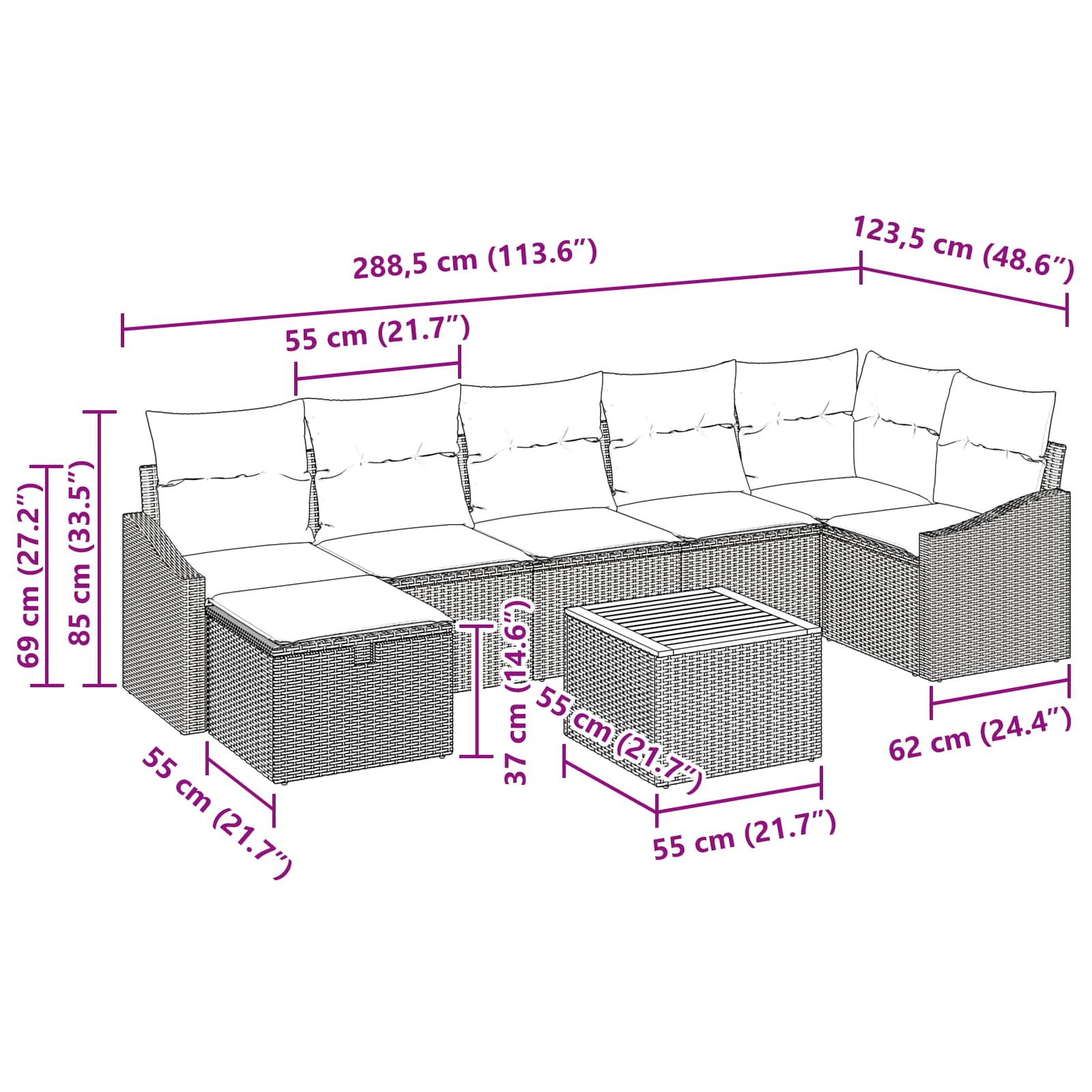 Sada zahradních pohovek s polštářem 8 pcs Černá polyratan - obrázek 11