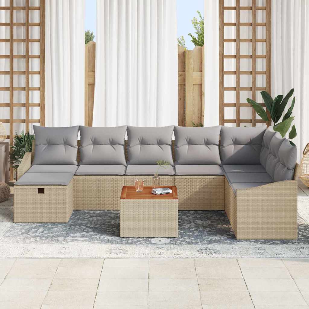 vidaXL 9-delige tuinset met kussens in beige poly riet