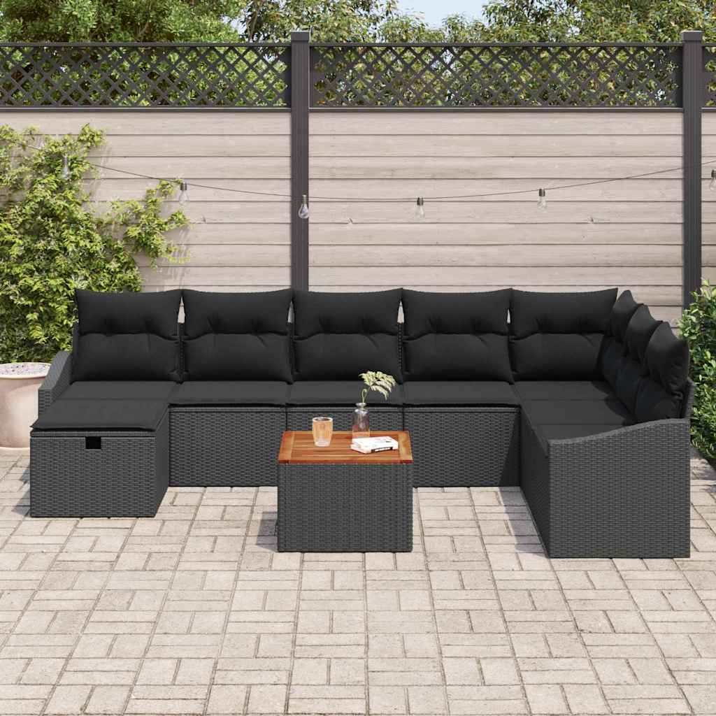 vidaXL 9-delige Tuinbankenset met kussens poly rattan zwart