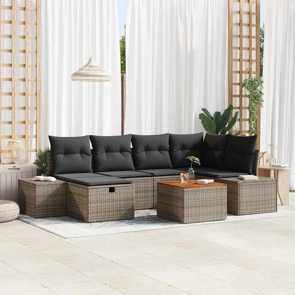 7-tlg. Garten-Sofagarnitur mit Kissen Grau Poly Rattan