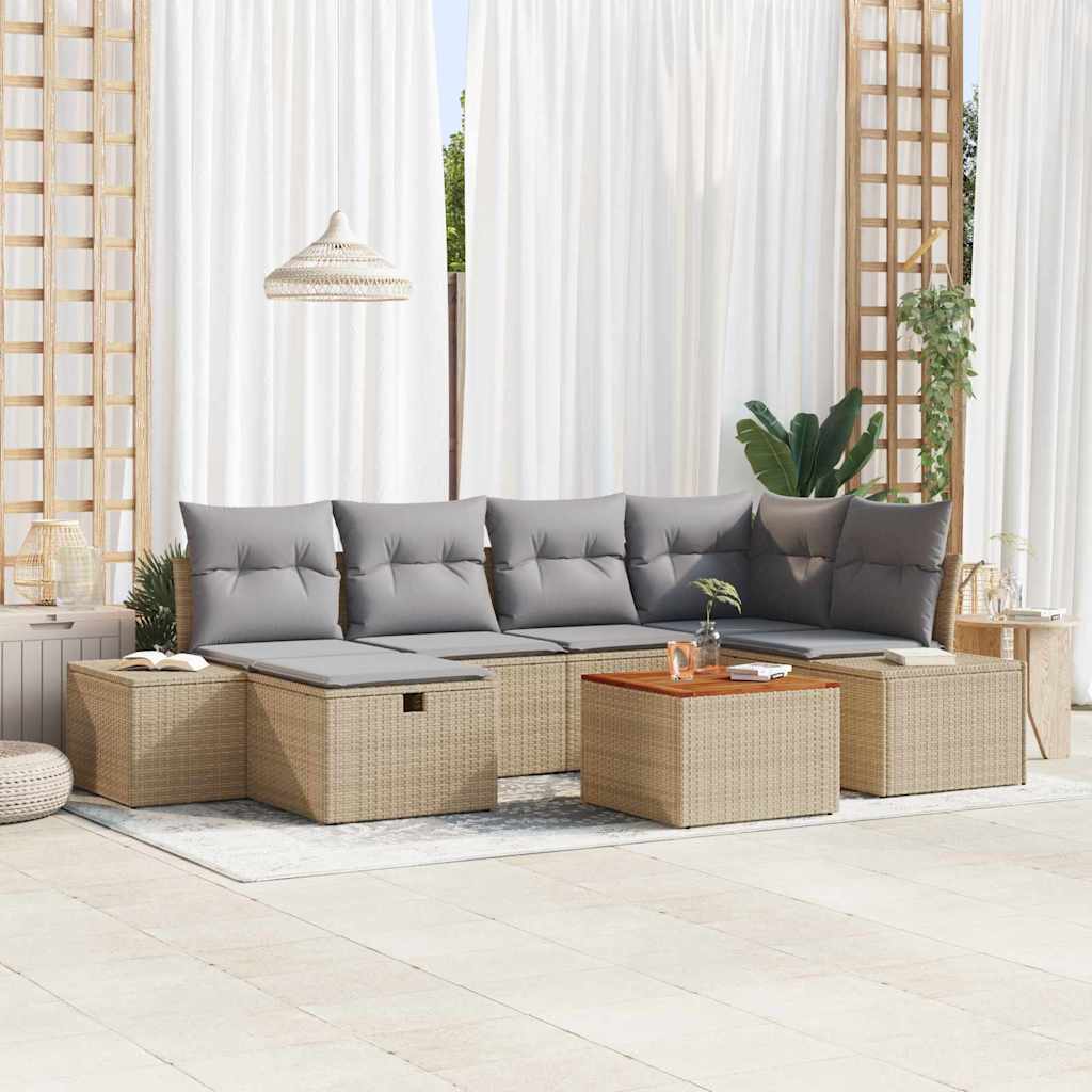 7-tlg. Garten-Sofagarnitur mit Kissen Beige Poly Rattan