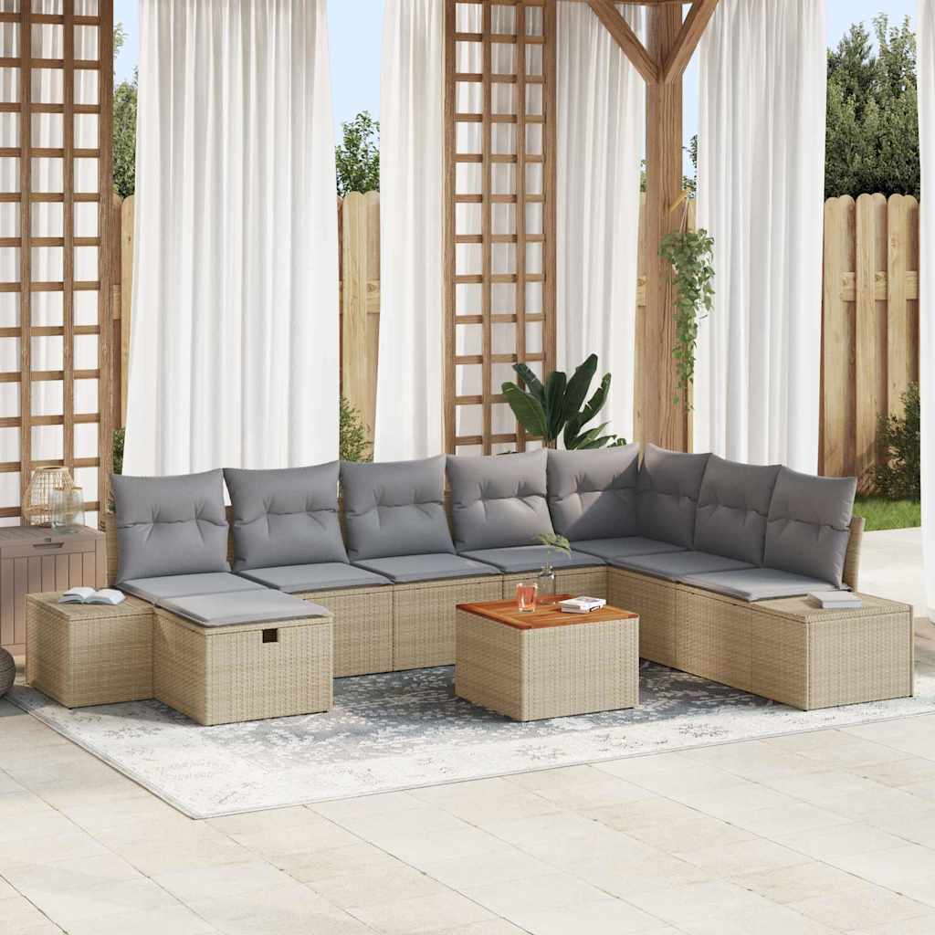 9 Stykker Have Sofa Sæt med Puder Beige Poly Rattan