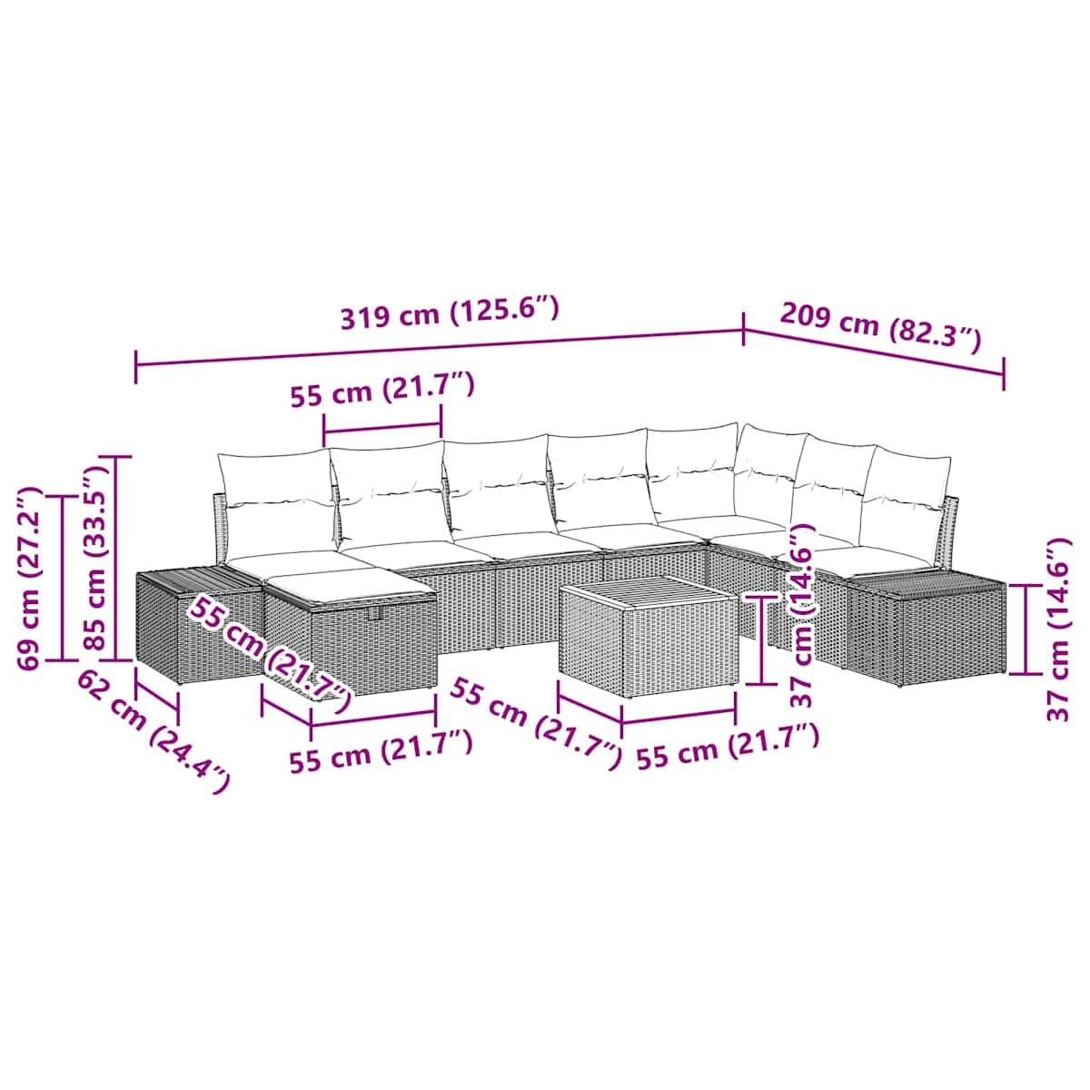 Havesofa Sæt 9 stk. Sort Poly rattan - Billede 11
