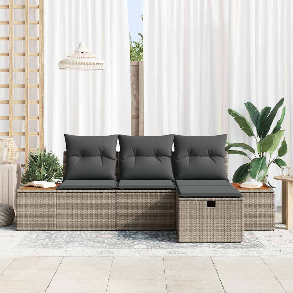 vidaXL 4-delige tuinsofa set met kussens in grijs poly rattan