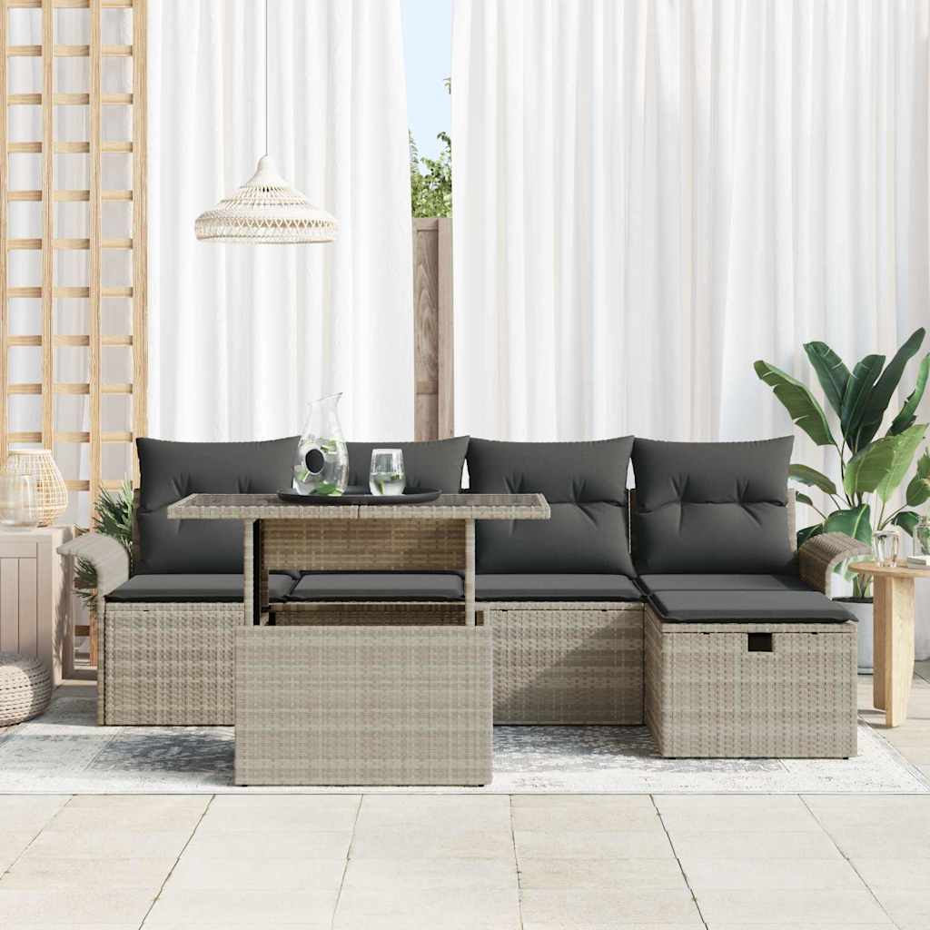 vidaXL 6-delige tuinsofa set met kussens lichtgrijs poly riet