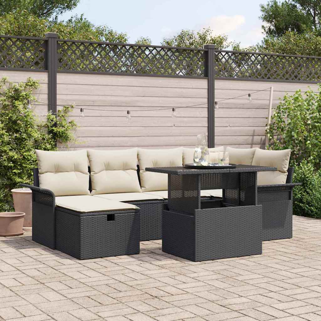 7-teiliges Garten-Sofa-Set mit Kissen in Schwarz Poly Rattan