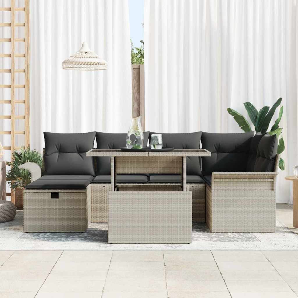 vidaXL 7-delige tuinset met kussens in lichtgrijs poly rattan