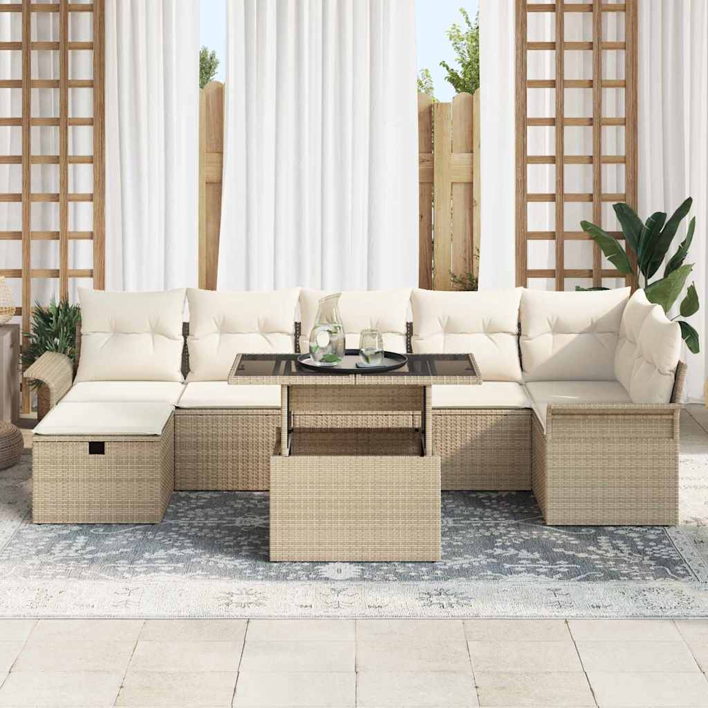 vidaXL 8-delige tuinbankset met kussens in beige poly rattan