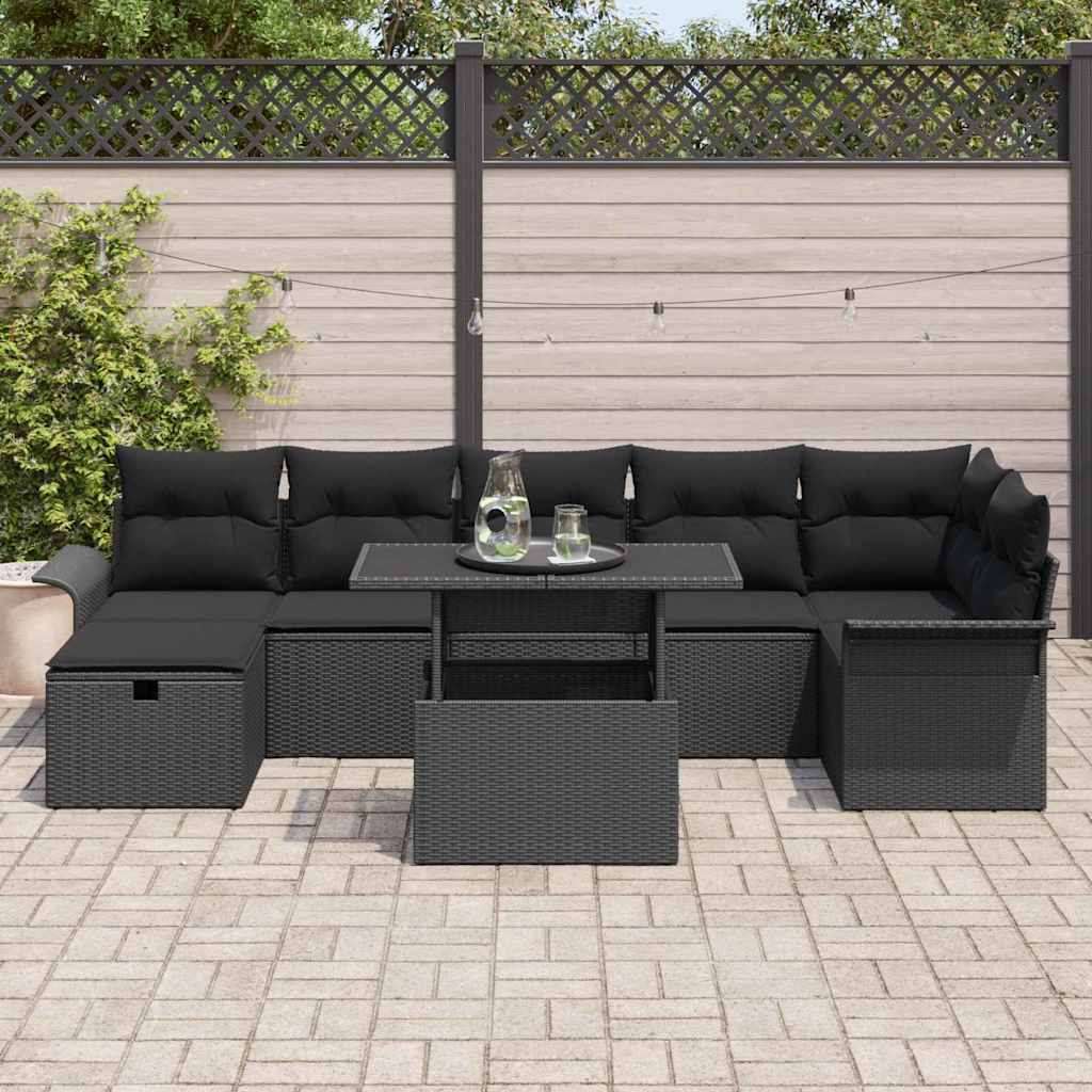 vidaXL 8-delige tuinset met kussens zwart poly rattan