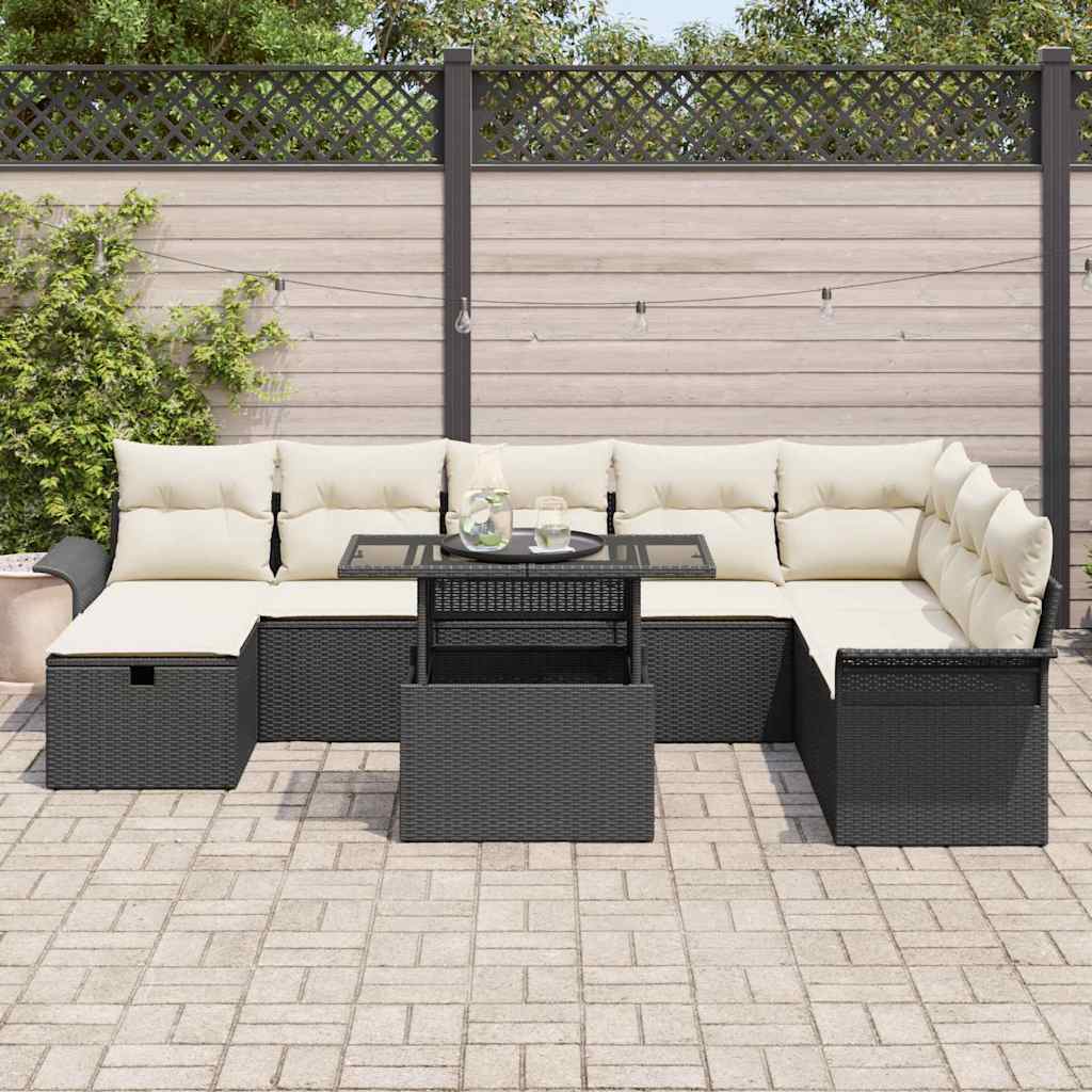 vidaXL 9-delige tuinbankset met kussens - zwart poly rattan