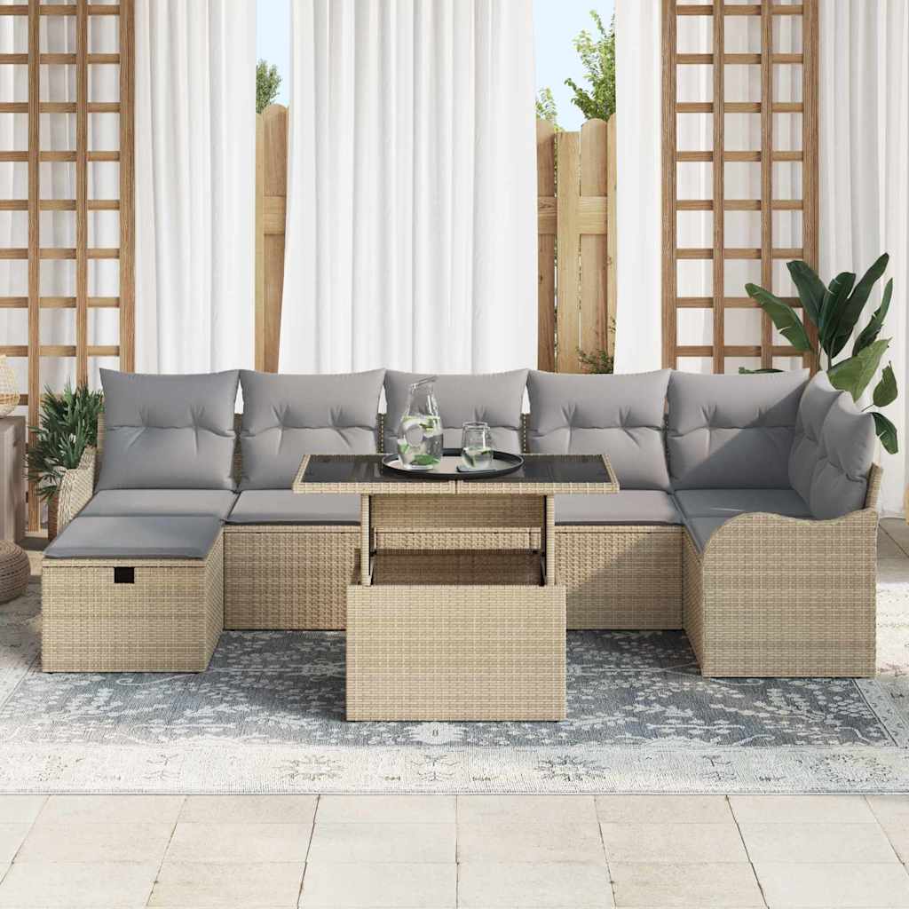 vidaXL 8-delige tuinset met kussens in beige poly rattan