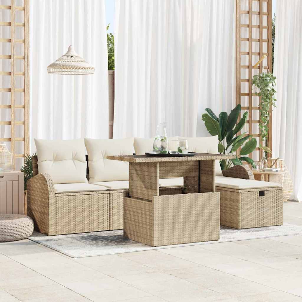 6-tlg. Garten-Sofagarnitur mit Kissen Beige Poly Rattan