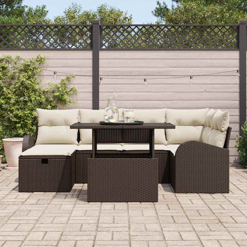vidaXL 7-delige tuinbankset met kussens bruin poly riet
