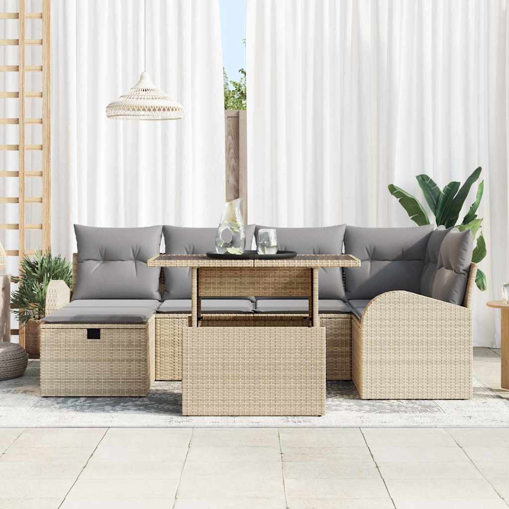 vidaXL 7-delige tuinset met kussens - Beige Poly Rattan