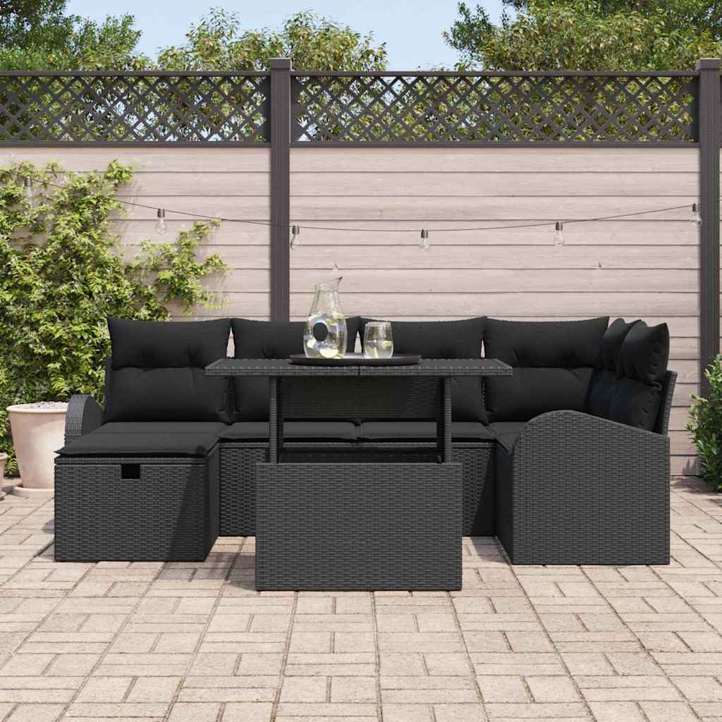 vidaXL 7-delige tuinbank set met kussens zwart poly rattan