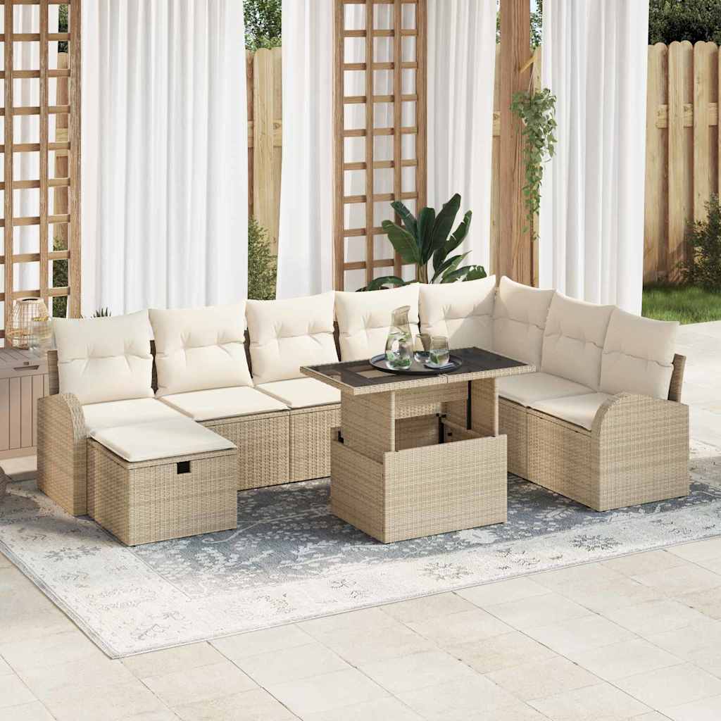 9 Stykker Havesofa Sæt med Puder Beige Poly Rattan