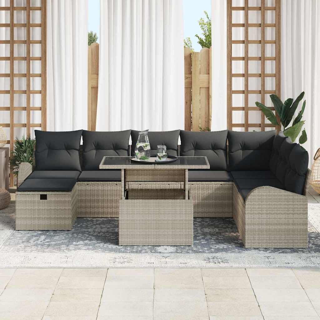 vidaXL 9-delige tuinset met kussens in lichtgrijs poly rattan