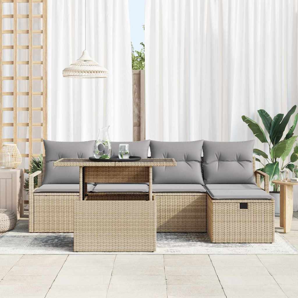 vidaXL 6-delige tuinset met kussens in Beige Poly Rattan