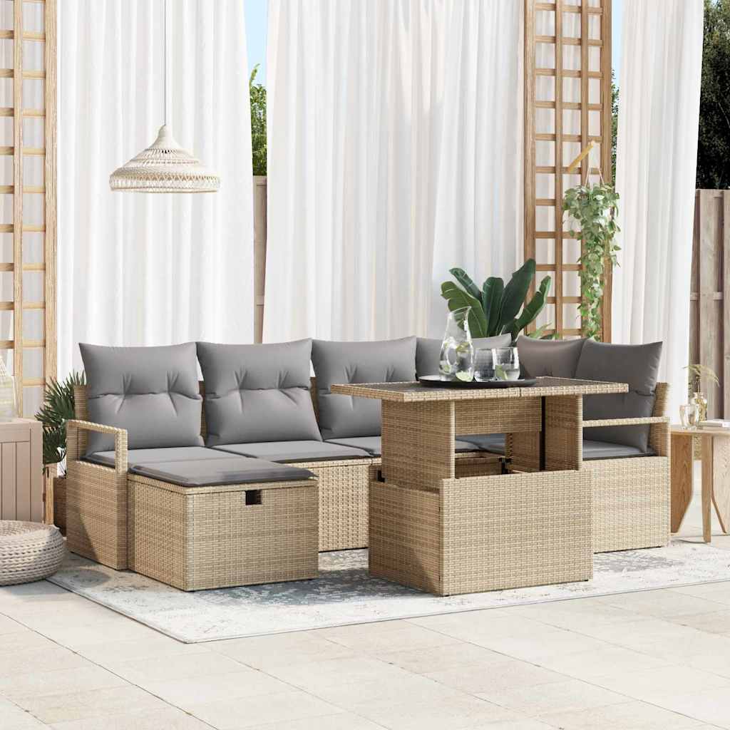 vidaXL 7-teilige Gartensofagarnitur mit Kissen Beige Poly Rattan